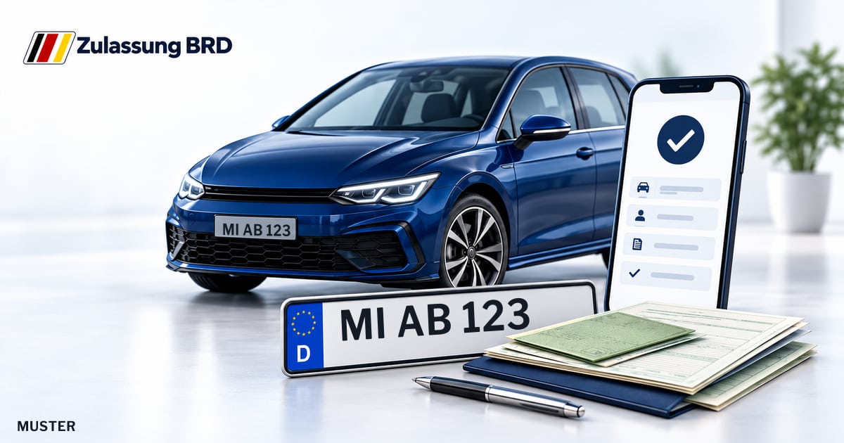 Online Fahrzeugzulassung in Rahden: Musterkennzeichen MI AB 123, Auto und Fahrzeugpapiere und Smartphone. Illustration mit Logo von Zulassung BRD.